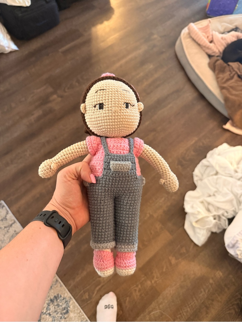Handmade Crochet Doll in Pink and Gray Overalls - Kids Toy